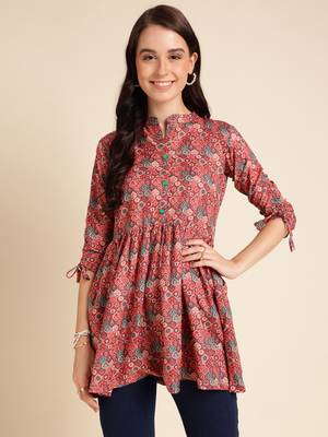 Red Poly Rayon Digital Printed A-line Top 1