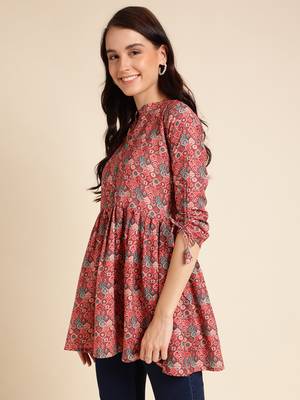Red Poly Rayon Digital Printed A-line Top 3