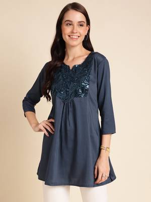 Teal Poly Cotton Yoke Sequence Embroidered A-line Top 1