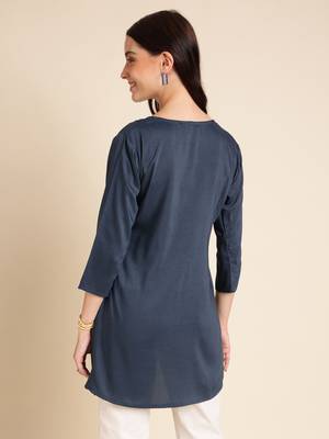 Teal Poly Cotton Yoke Sequence Embroidered A-line Top 2