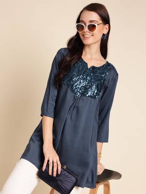 Teal Poly Cotton Yoke Sequence Embroidered A-line Top 3