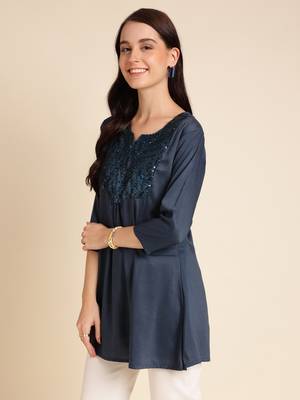 Teal Poly Cotton Yoke Sequence Embroidered A-line Top 4