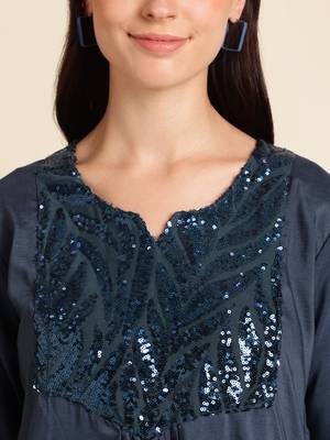 Teal Poly Cotton Yoke Sequence Embroidered A-line Top 5