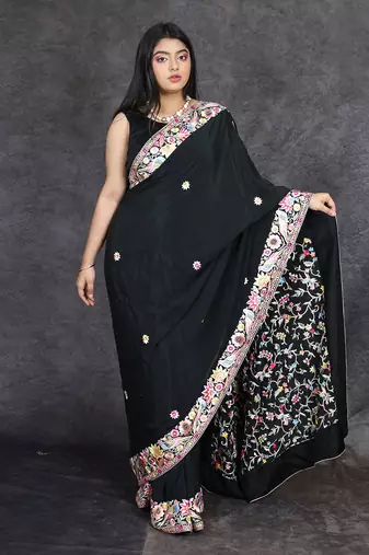 Black parsi gara embroidered crepe saree