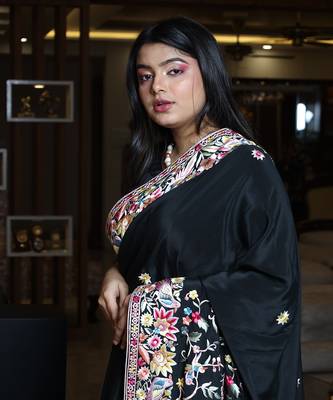 Black parsi gara embroidered crepe saree 4
