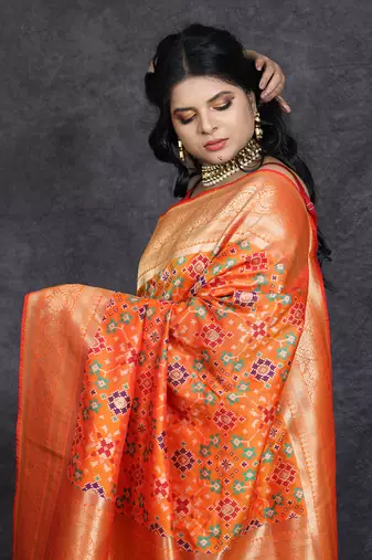 Orange patola print banarasi saree