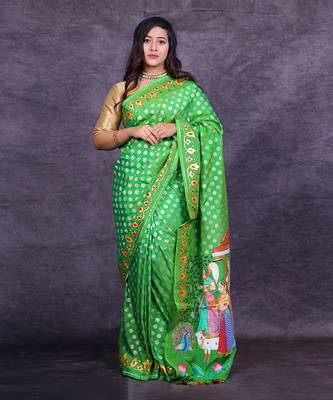 Emerald green hand painted banarasi saree 1