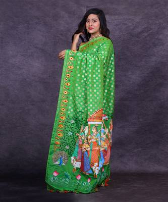 Emerald green hand painted banarasi saree 2