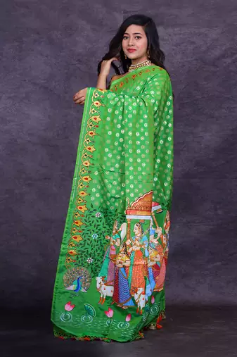 Emerald green hand painted banarasi saree