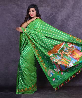 Emerald green hand painted banarasi saree 3