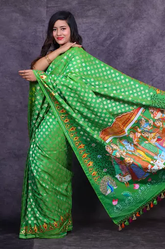 Emerald green hand painted banarasi saree