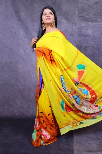 Yellow katan silk banarasi saree
