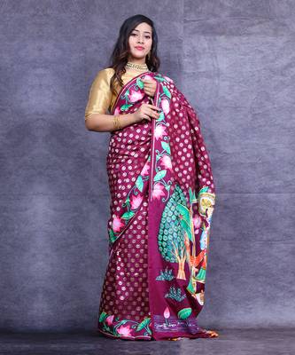 Magenta pichwai hand painted banarasi saree 1