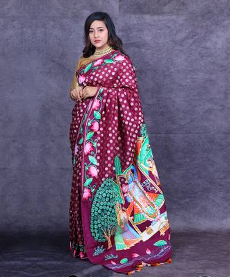 Magenta pichwai hand painted banarasi saree 2