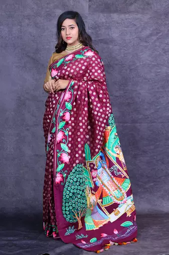 Magenta pichwai hand painted banarasi saree