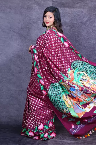 Magenta pichwai hand painted banarasi saree