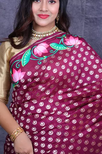 Magenta pichwai hand painted banarasi saree