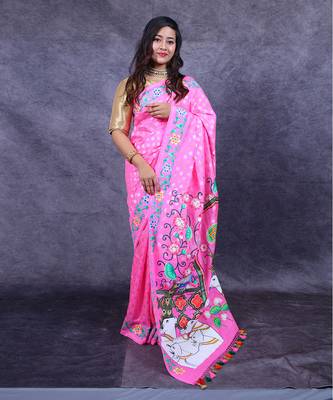 Pink pichwai hand painted banarasi saree 1
