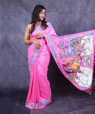 Pink pichwai hand painted banarasi saree 2