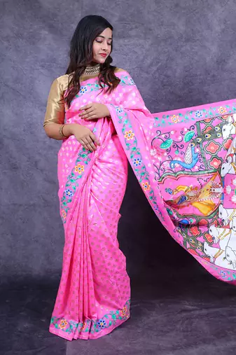 Pink pichwai hand painted banarasi saree