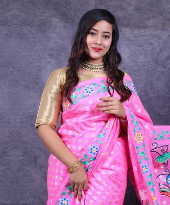 Pink pichwai hand painted banarasi saree 3