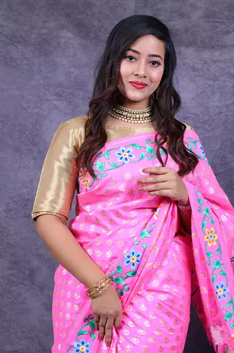 Pink pichwai hand painted banarasi saree