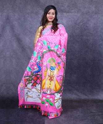 Pink pichwai hand painted banarasi saree 4