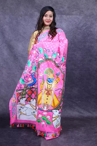 Pink pichwai hand painted banarasi saree