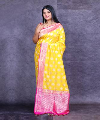 Yellow pichwai hand painted crepe saree 1