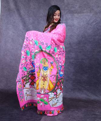 Pink pichwai hand painted banarasi saree 5
