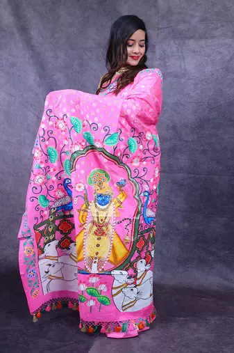Pink pichwai hand painted banarasi saree
