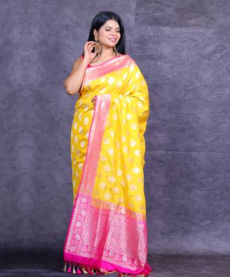Yellow pichwai hand painted crepe saree 2