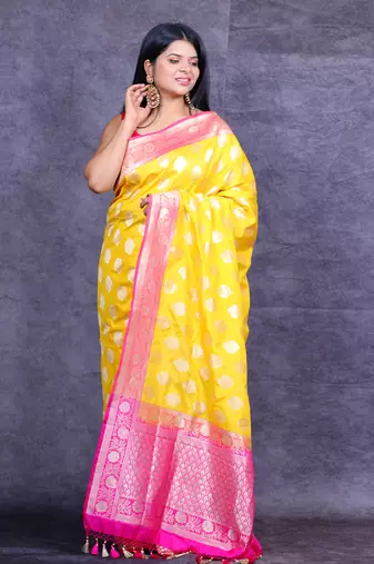 Yellow pichwai hand painted crepe saree