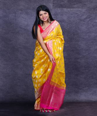 Yellow pichwai hand painted crepe saree 3