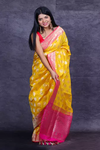 Yellow pichwai hand painted crepe saree