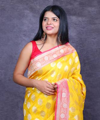 Yellow pichwai hand painted crepe saree 4