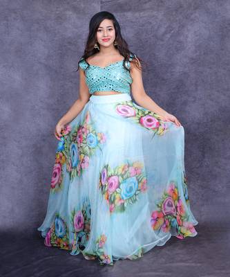 Powder Blue Hand Painted Lehenga Set 1