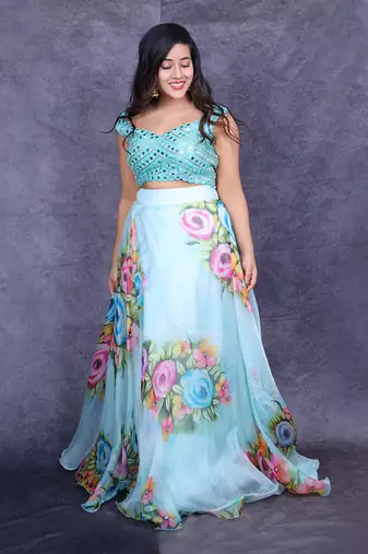 Powder Blue Hand Painted Lehenga Set