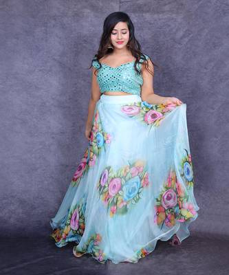 Powder Blue Hand Painted Lehenga Set 3