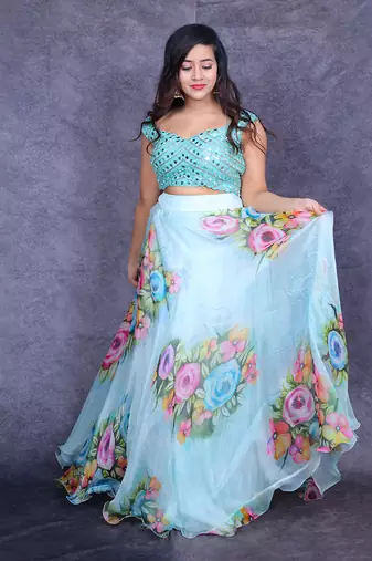 Powder Blue Hand Painted Lehenga Set
