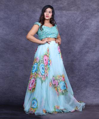 Powder Blue Hand Painted Lehenga Set 4