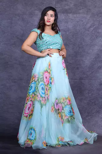 Powder Blue Hand Painted Lehenga Set