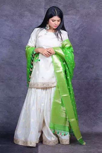 Ivory and green banarasi sharara set