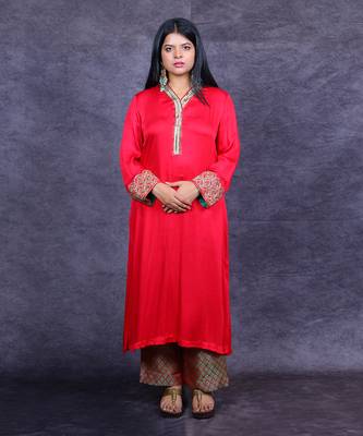 Red gajji silk embroidered kurta set 1