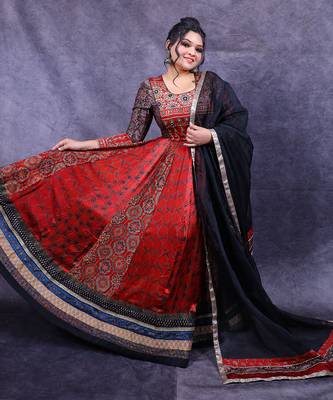 Red ajrakh modal silk anarkali set 1