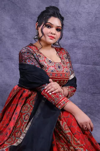 Red ajrakh modal silk anarkali set