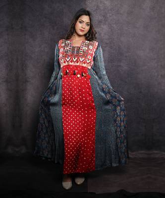 Blue & red bandhani silk ajrakh printed tunic 1