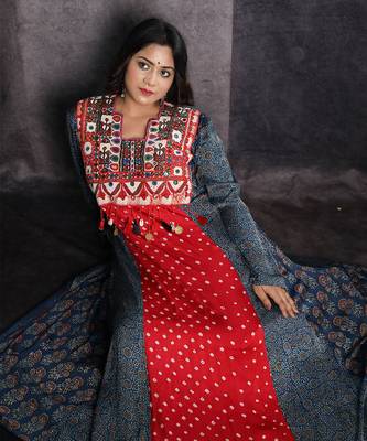 Blue & red bandhani silk ajrakh printed tunic 2