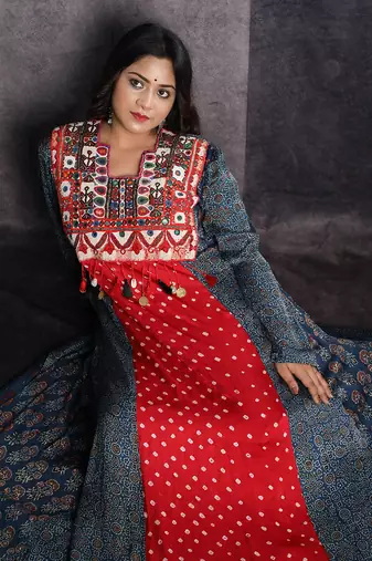 Blue & red bandhani silk ajrakh printed tunic