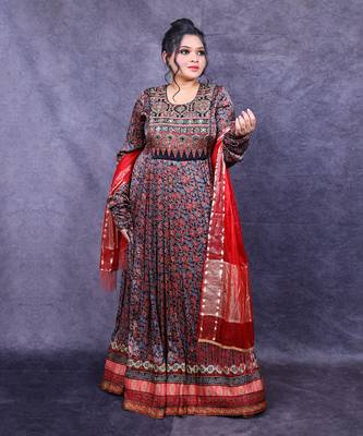 Blue & red ajrakh printed modal silk anarkali set 1